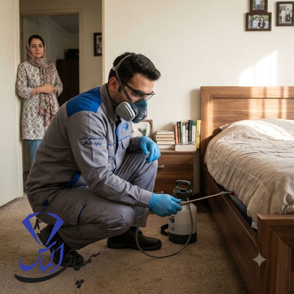 Pest control technician spraying insecticide in a bedroom with a woman nearby, demonstrating odorless bed bug treatment.
