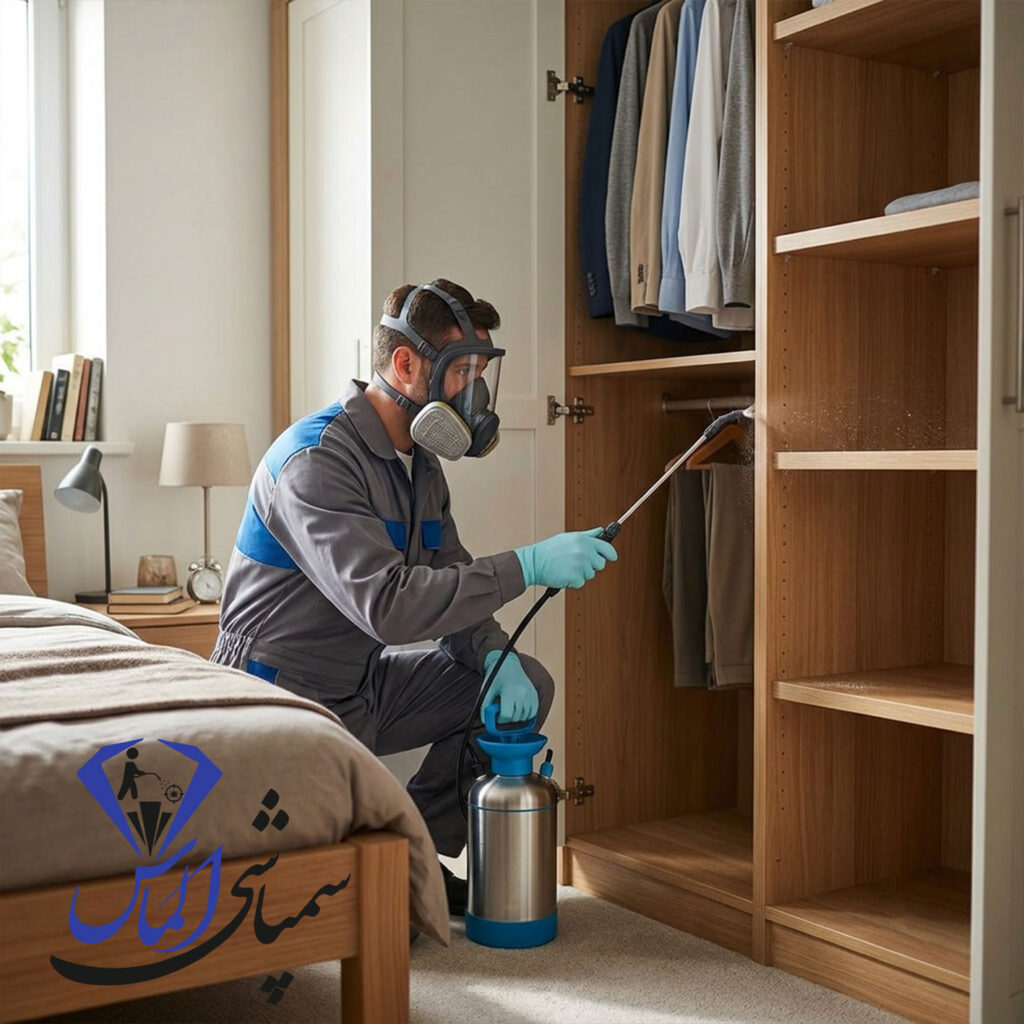 Professional pest control technician spraying insecticide inside a bedroom wardrobe for سمپاشی ساس کمد دیاموند.